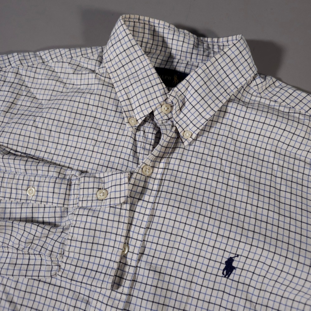 Ralph Lauren Button Down Shirt‎ Mens LG White Blue Check Long Sleeve Cotton